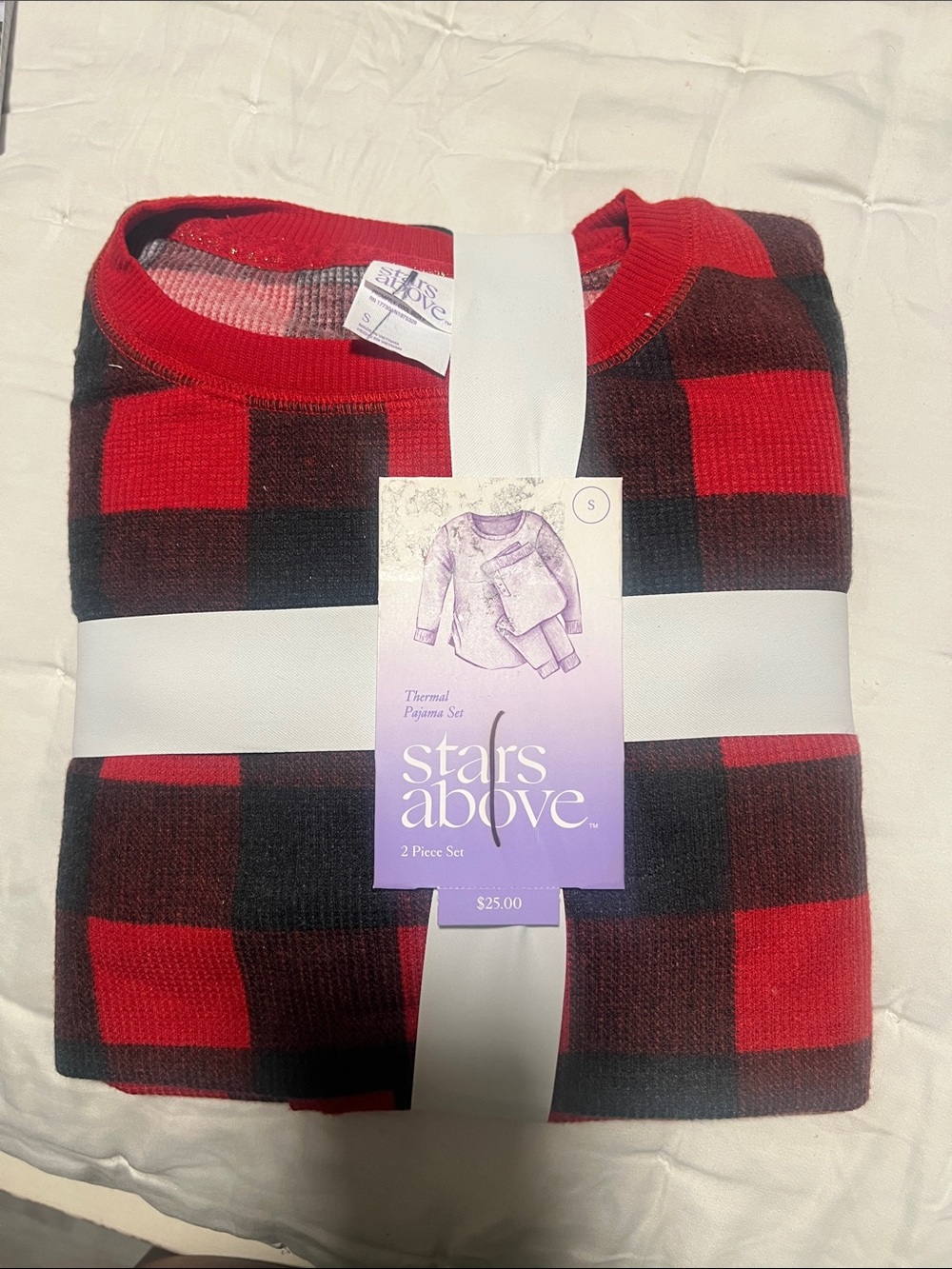 stars above Red and Black Buffalo Plaid Crewneck Sweater